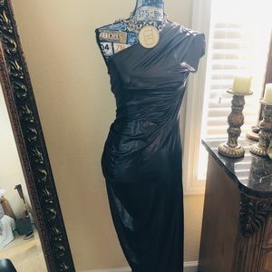 Bebe oneshoulder gunmetal asymmetric ruched dress